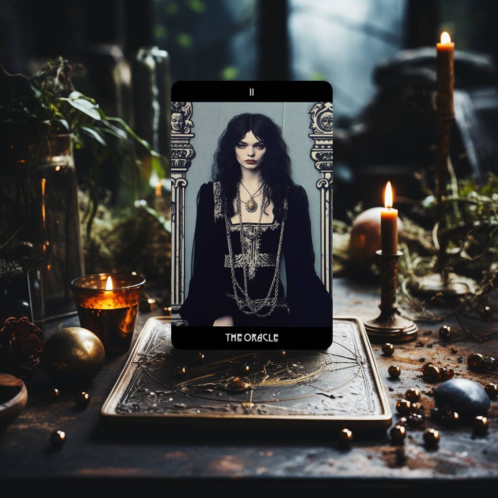 Grunge Goddess Tarot card The Empress displayed with candles and moss