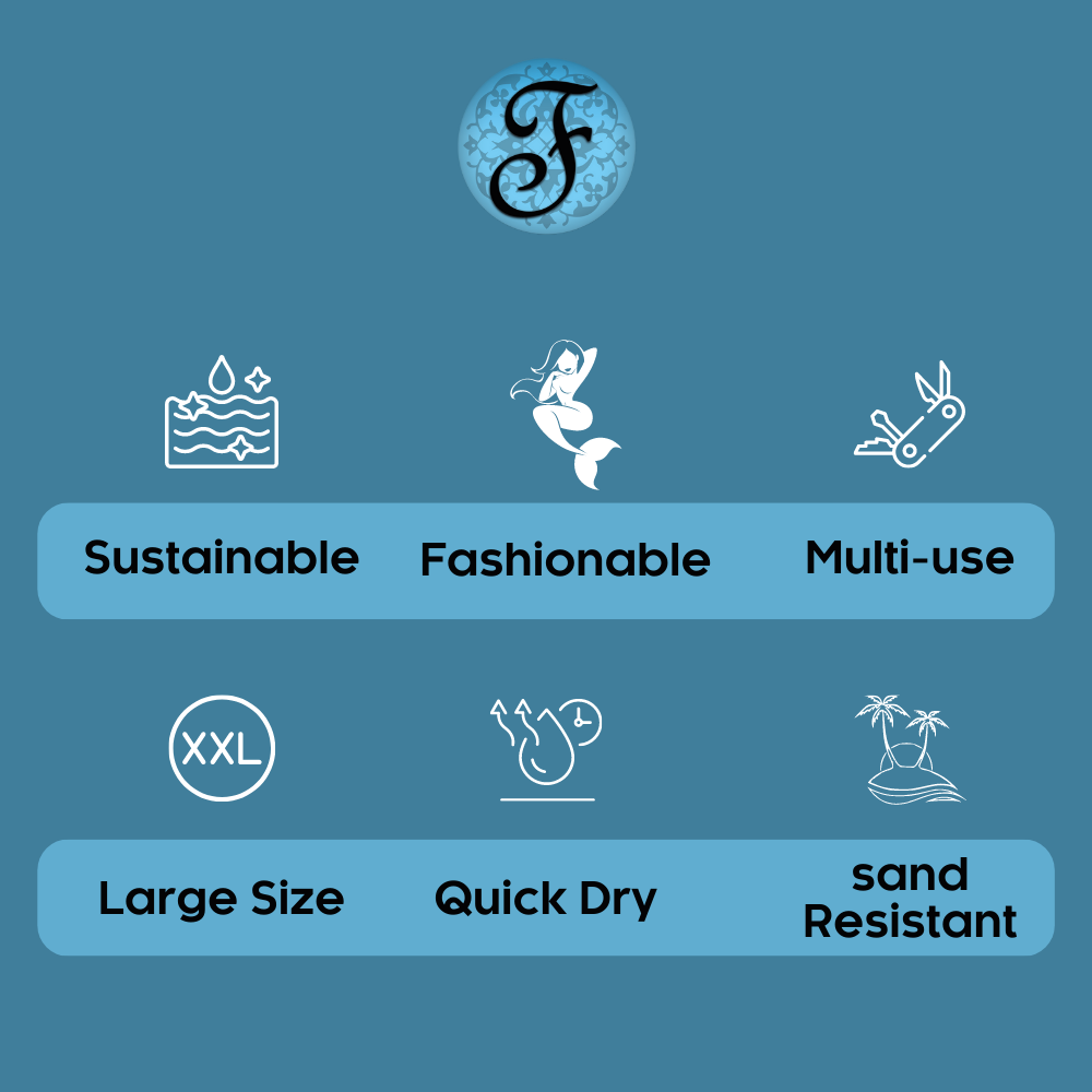 Graphic showing Ipanema Fouta features like sustainable, large size, and quick dry