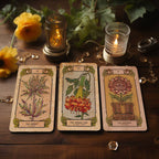 Three Botanica Oculta tarot cards displayed on a wooden tray with a lit candle and yellow flowers