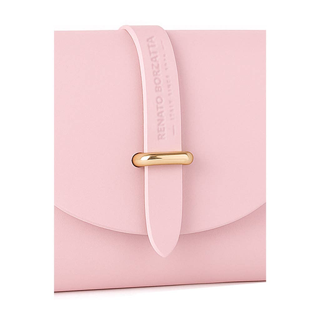 Close-up detail of gold metal loop closure on the front flap