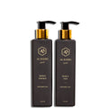 Pair of Al Bahri Keratin Shampoo and Mask black bottles with gold pumps