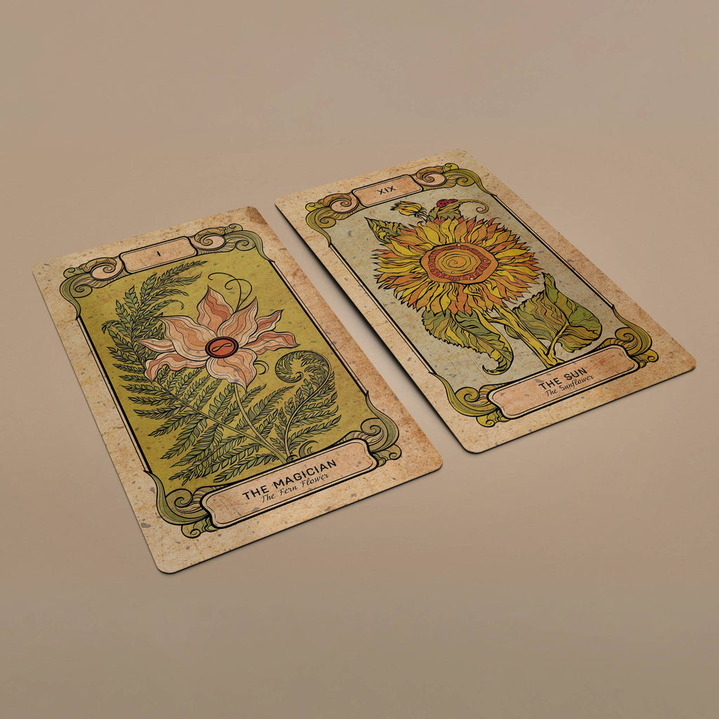Botanica Oculta tarot card close-up with botanical illustration I, XIX