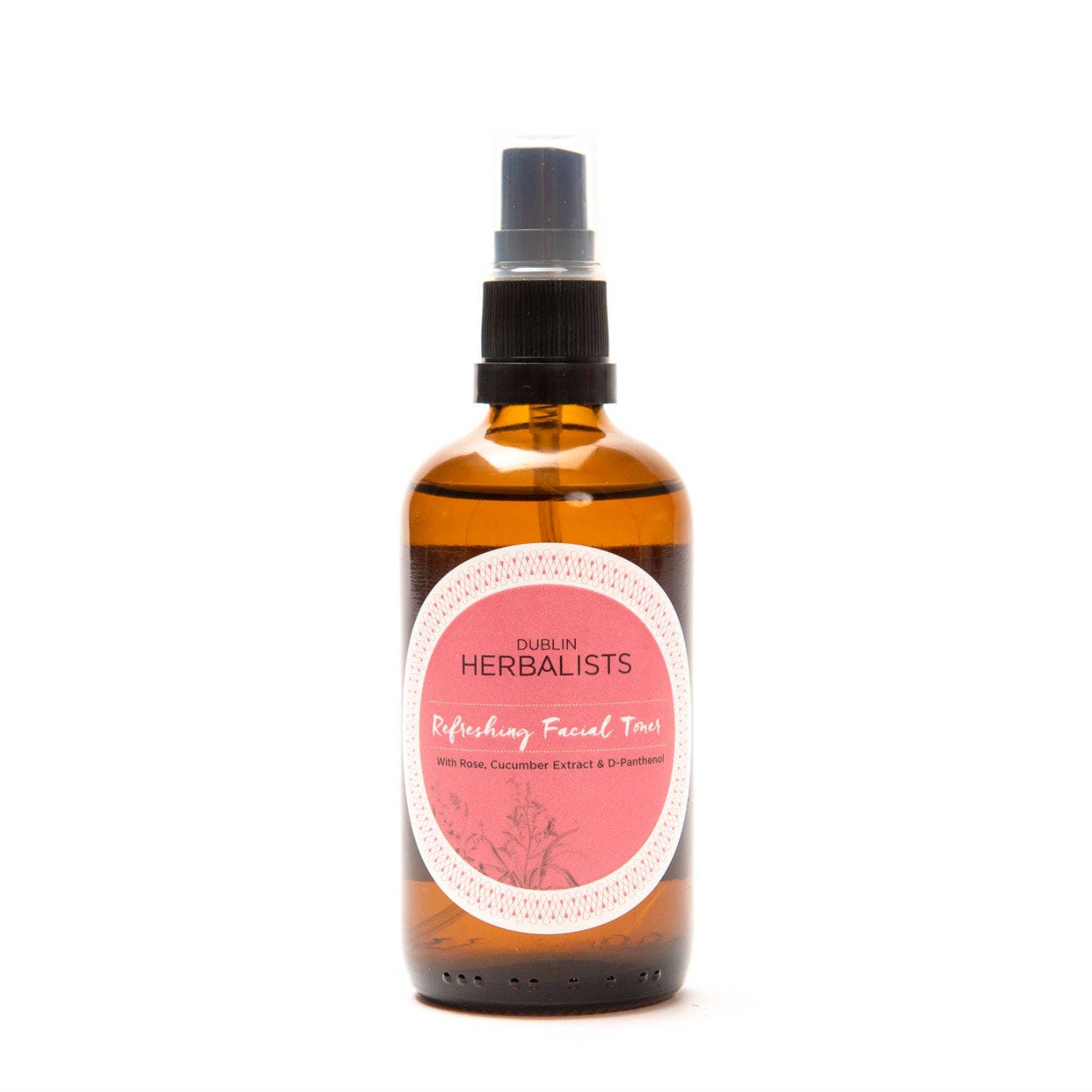Amber glass spray bottle of Refreshing Facial Toner with pink label