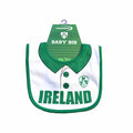 White cotton baby bib with green trim, printed collar, and "Ireland" text
