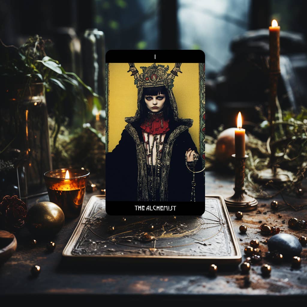 Grunge Goddess Tarot card The High Priestess standing on a deck box