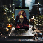 Grunge Goddess Tarot card The Chariot displayed with candles