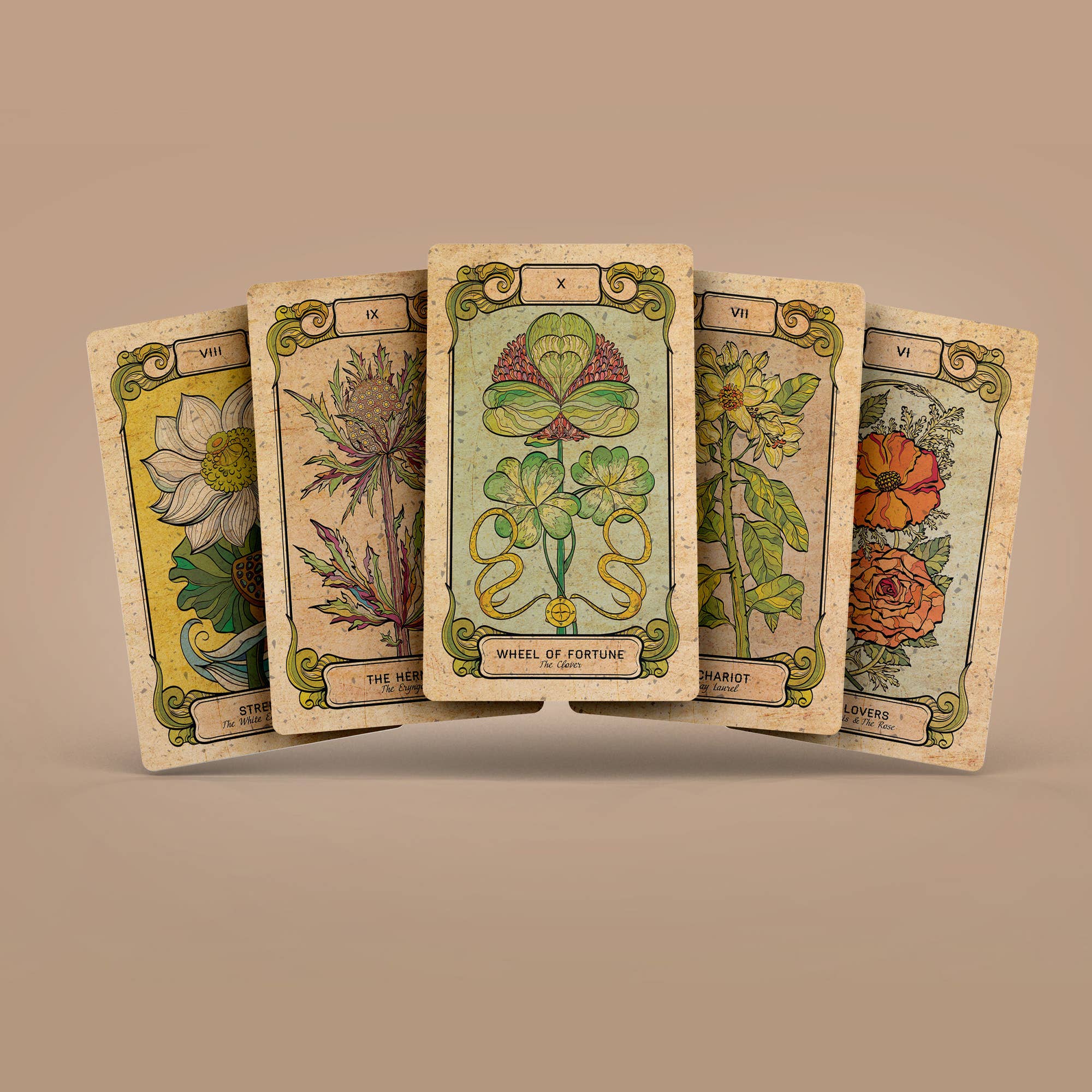 Botanica Oculta tarot deck spread showing multiple botanical illustrated cards X