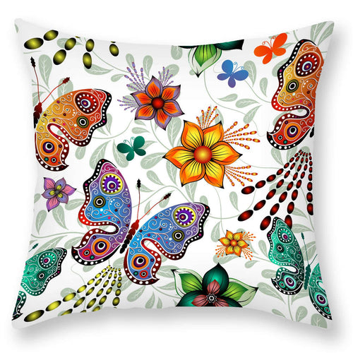Square outdoor cushion cover featuring colourful butterflies and flowers on white background