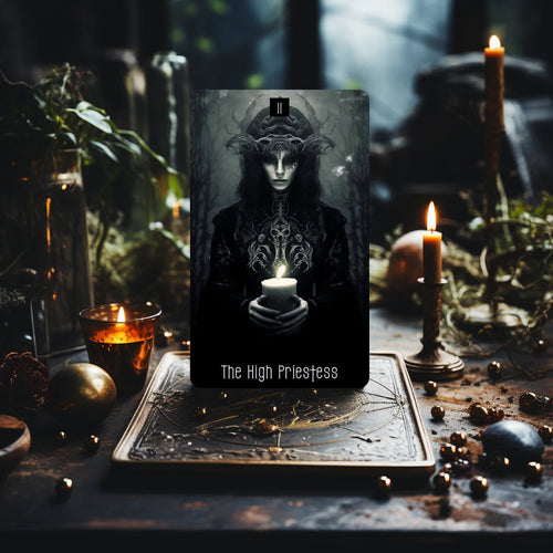 Dark Synevyr Dark Beauty Tarot Deck 80 Cards – front view – The High Priestess card displayed on a candlelit altar in a dark forest setting.