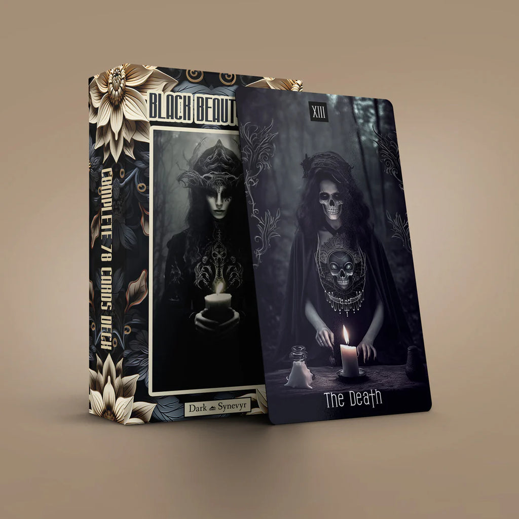 Dark Beauty Tarot tuck box standing next to The Death card against a plain background