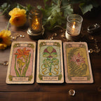 Dark Synevyr Botanica Oculta Tarot Deck 80 Cards - cards with floral designs standing on a wooden tray