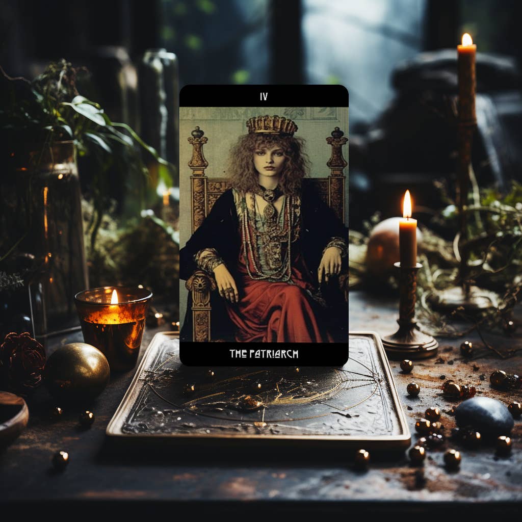 Dark Synevyr Grunge Goddess Tarot Deck 80 Cards - THE PATRIARCH card displayed in a dark forest setting