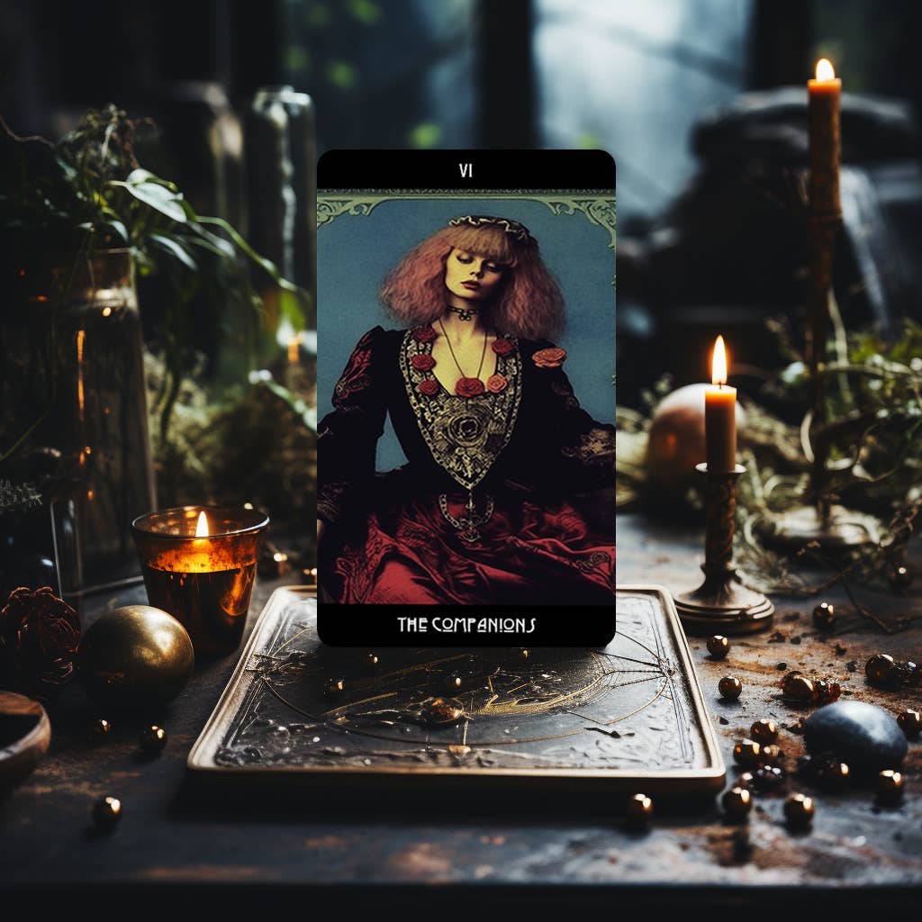 Dark Synevyr Grunge Goddess Tarot Deck 80 Cards - THE COMPANIONS card displayed with candles