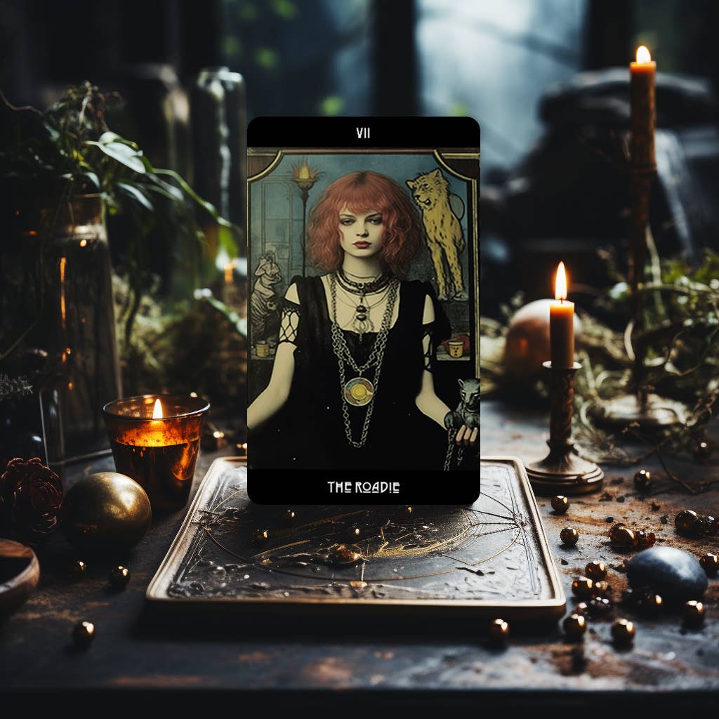 Dark Synevyr Grunge Goddess Tarot Deck 80 Cards - THE ROADIE card standing on a deck box