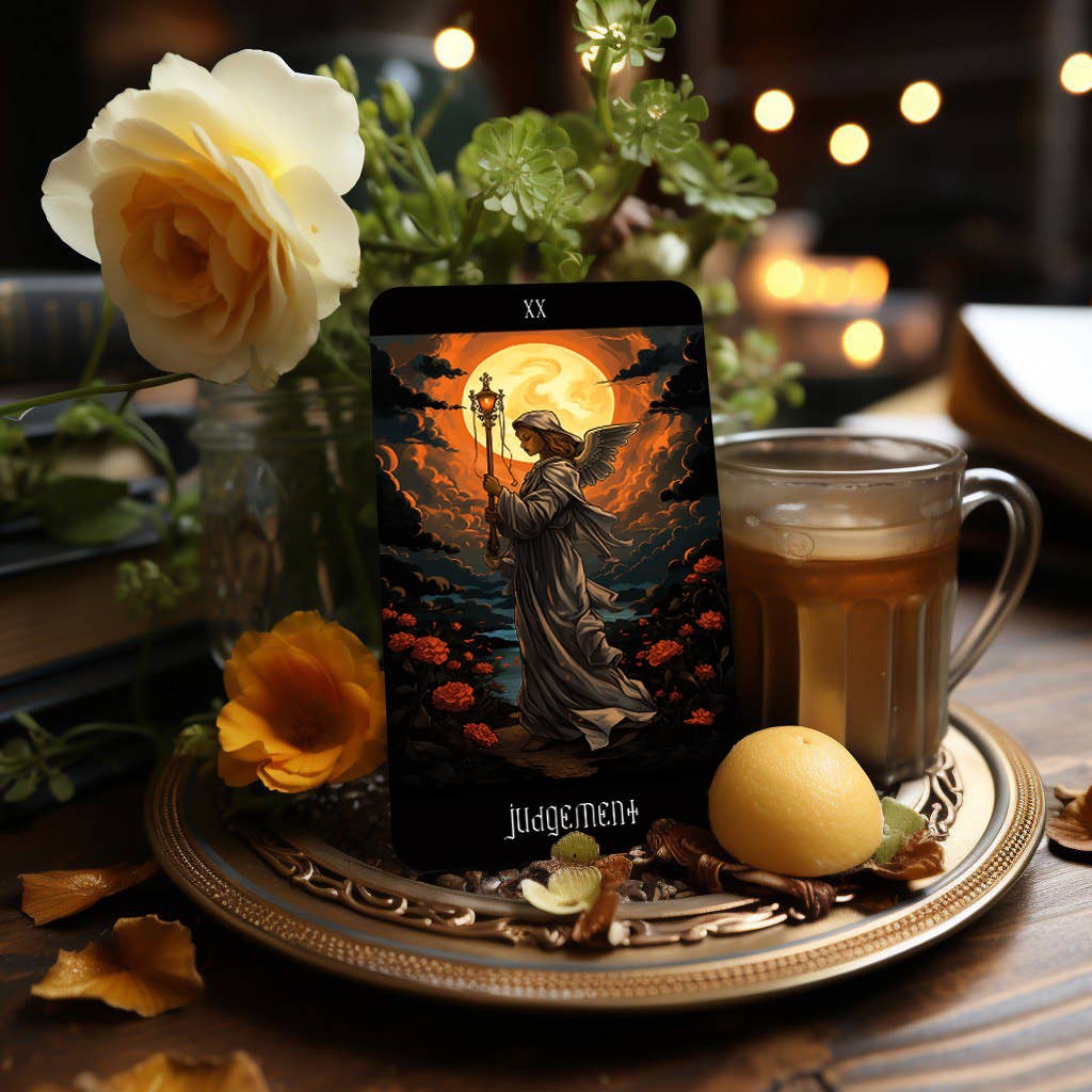 Dark Synevyr Healing with Dreams Tarot Deck 80 Cards – card display – illustrated JUDGEMENT card on table setting