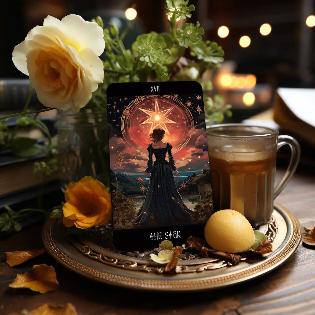 Dark Synevyr Healing with Dreams Tarot Deck 80 Cards – card display – illustrated THE STAR card on table setting