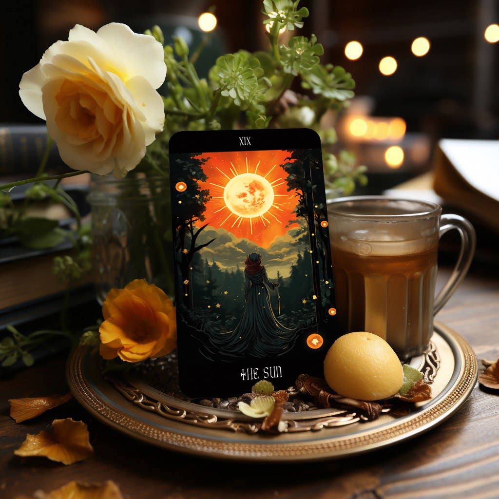 Dark Synevyr Healing with Dreams Tarot Deck 80 Cards – card display – illustrated THE SUN card on table setting