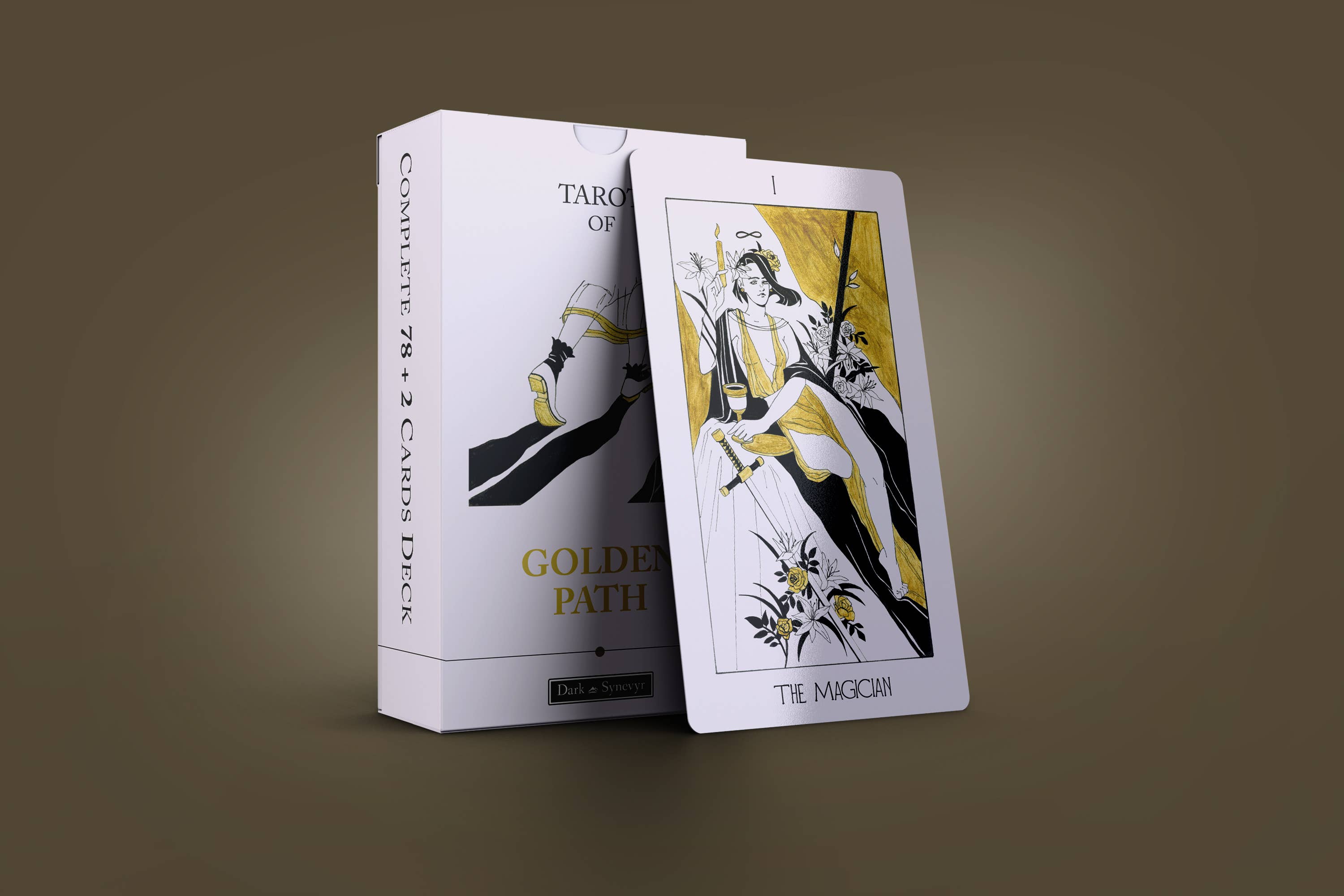 Dark Synevyr The Golden Path Tarot Deck 80 Cards - white tuck box with gold Art Deco design standing next to The Magician card