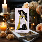 Dark Synevyr The Golden Path Tarot Deck 80 Cards - card Justice displayed with candles and flowers