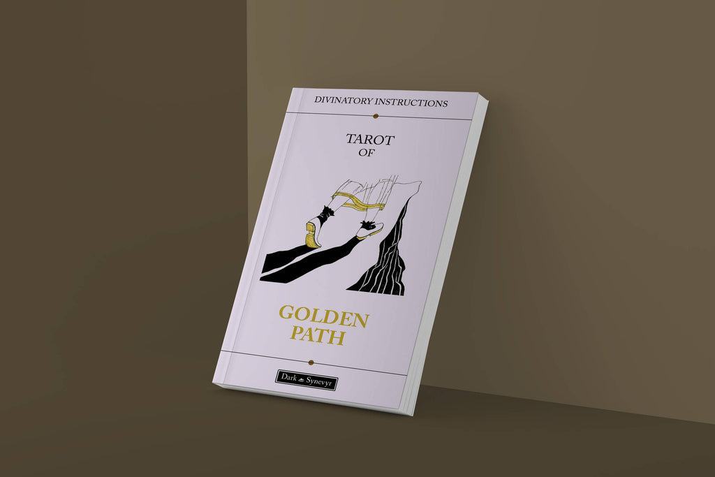 Dark Synevyr The Golden Path Tarot Deck 80 Cards - guidebook standing upright against brown background
