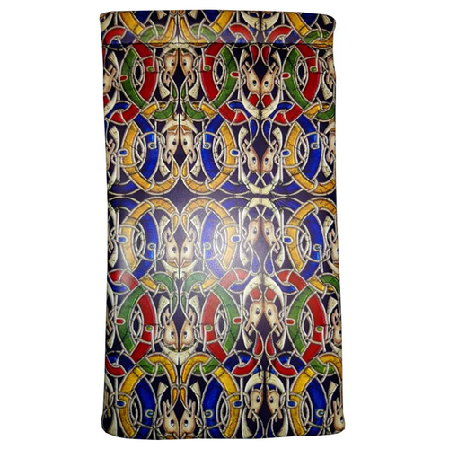 Vegan leather glasses pouch featuring a colorful, intricate Book of Kells knotwork design