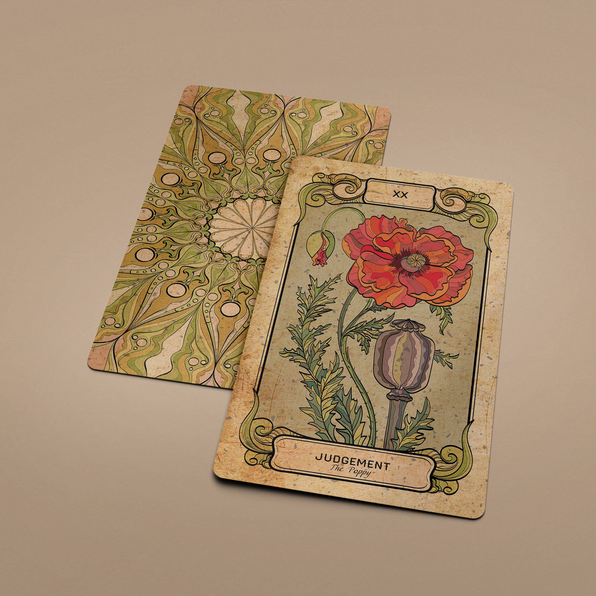 Botanica Oculta tarot card close-up with botanical illustration XX
