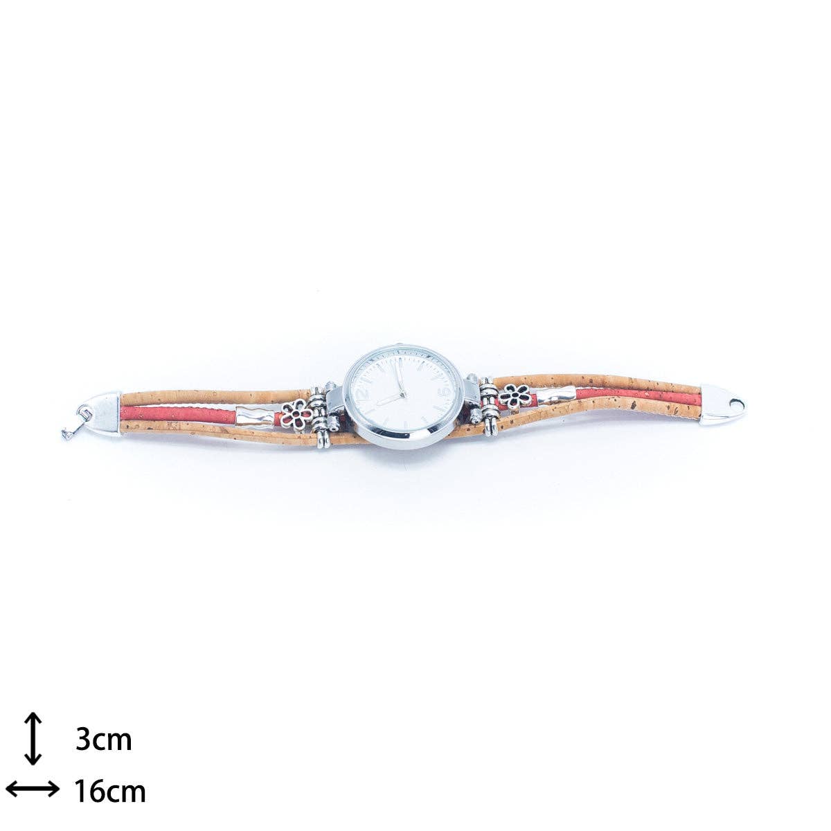 Meninas Bonitas Cork Floral Accent Bracelet Watch 16x3cm – technical – flat view displaying the 16cm length and 3cm width dimensions.