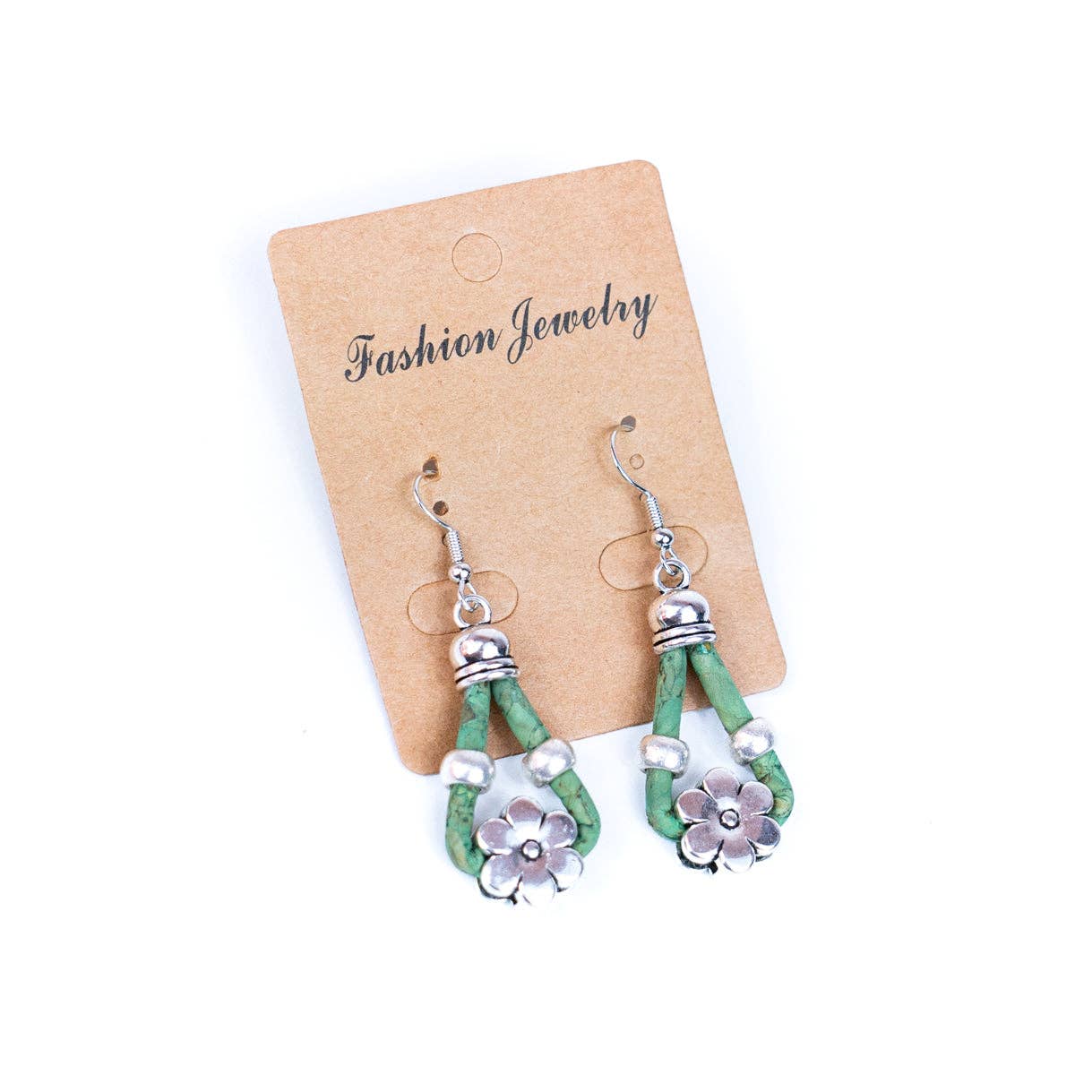 Meninas Bonitas Cork Flower Accessories Handmade Earrings 4x1.5cm – detail – green cork drop earrings with silver-tone flower pendant and decorative beads.