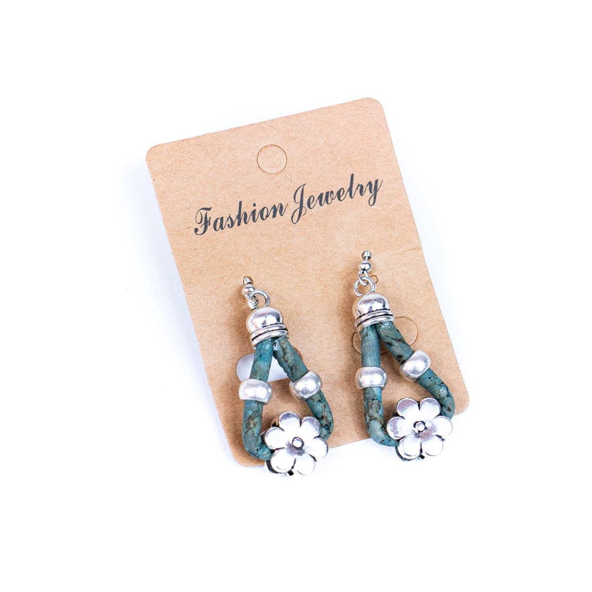 Meninas Bonitas Cork Flower Accessories Handmade Earrings 4x1.5cm – detail – teal cork drop earrings with silver-tone flower pendant and decorative beads.