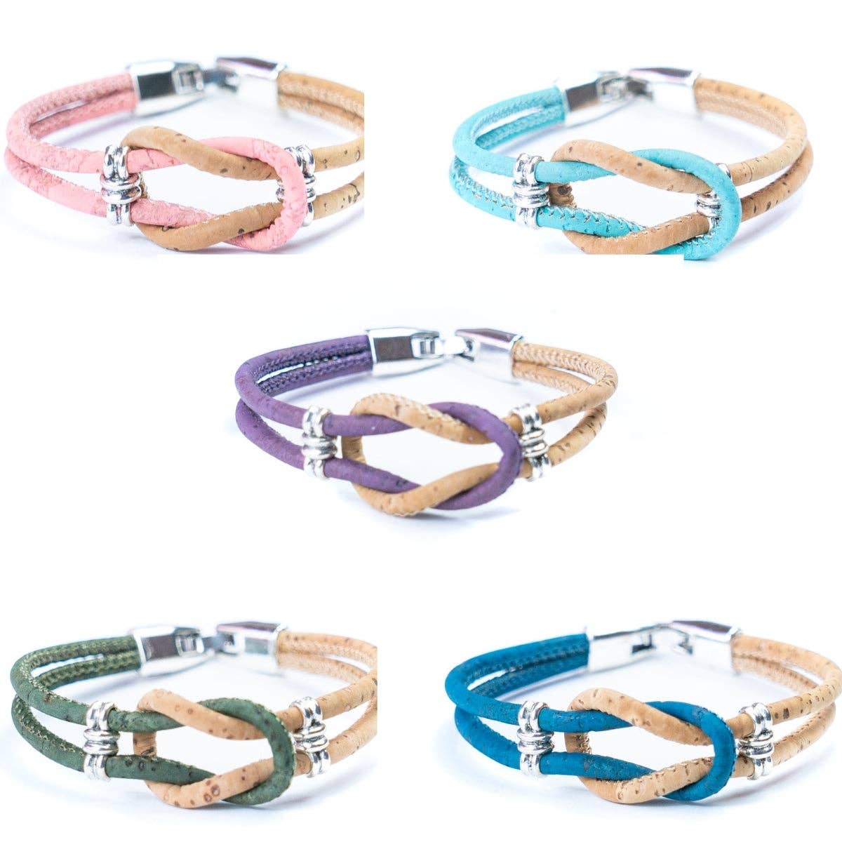 Meninas Bonitas Cork Knot Design Handmade Bracelet 17x2cm – layout – five cork bracelets in pink, light blue, purple, olive green, and royal blue with central knot designs.