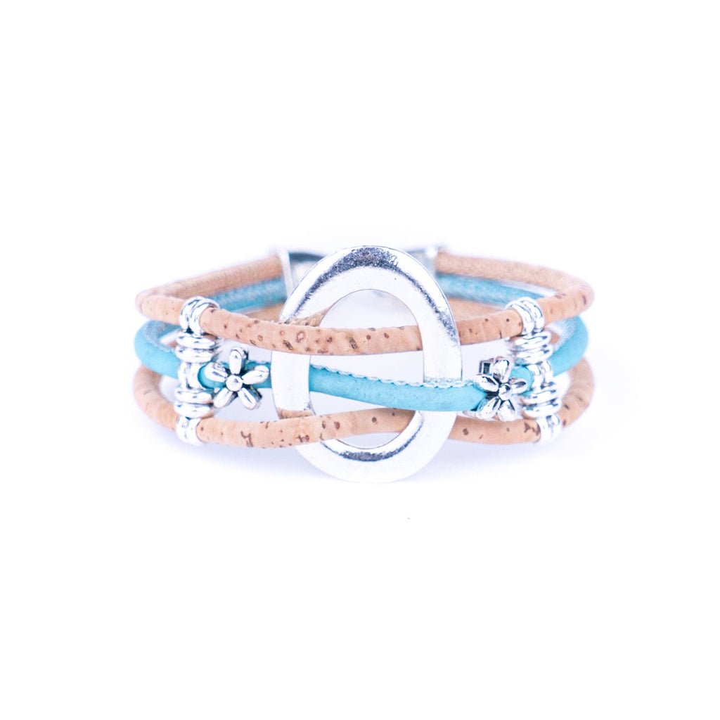 Meninas Bonitas Cork Multi-Colour Floral Handmade Bracelet 19x2.5cm – front view – light blue cork variant with silver-tone floral charms.