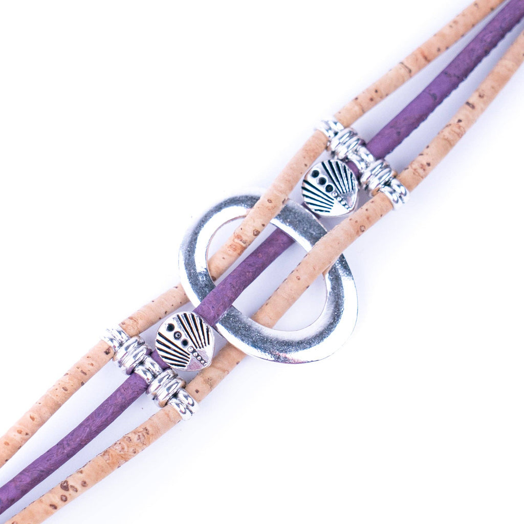 Meninas Bonitas Cork Multi-Colour Floral Handmade Bracelet 19x2.5cm – front view – purple cork variant featuring a circular silver-tone centrepiece and shell charms, image 2