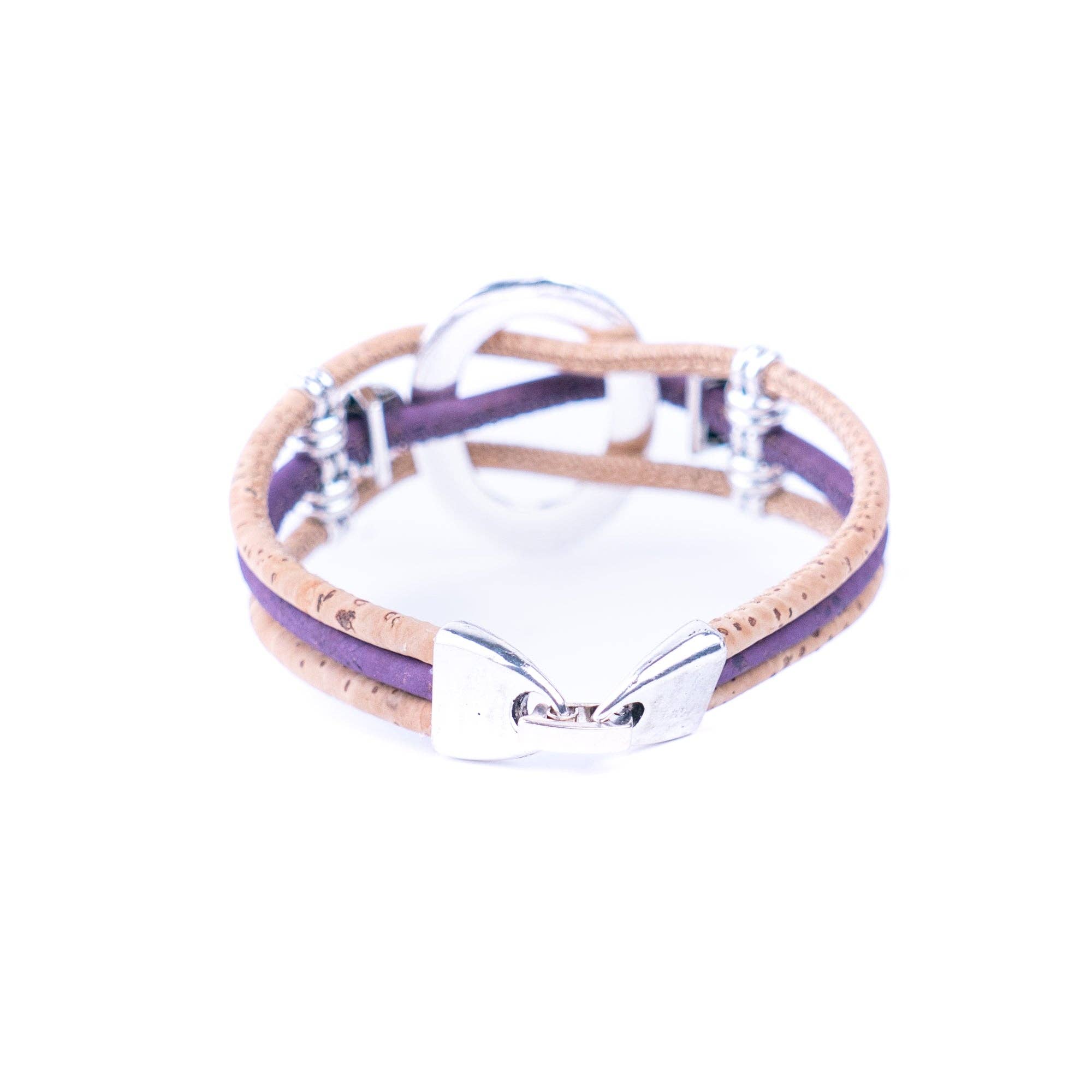 Meninas Bonitas Cork Multi-Colour Floral Handmade Bracelet 19x2.5cm – back view – purple cork variant featuring a circular silver-tone centrepiece and shell charms.