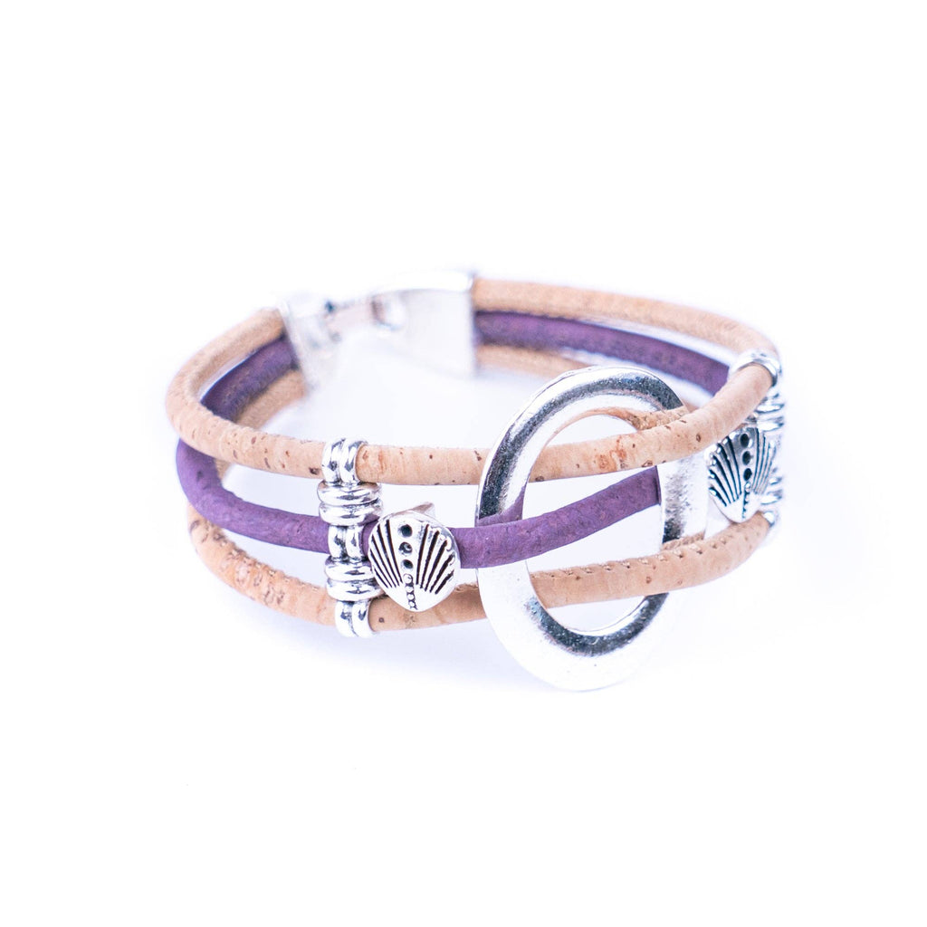 Meninas Bonitas Cork Multi-Colour Floral Handmade Bracelet 19x2.5cm – side view – purple cork variant featuring a circular silver-tone centrepiece and shell charms.