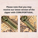 Meninas Bonitas Cork Patchwork Crossbody Bag 21x15x8cm – detail – close-up of the antique-style metal zippers and the adjustable cork shoulder strap.