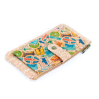 Meninas Bonitas Cork "Travel Impressions" Slim Wallet 17x9cm – side view – natural cork wallet with a vintage stamp pattern including the Statue of Liberty and Eiffel Tower.