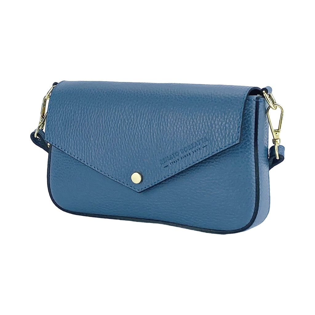 Renato Borzatta Avio Blue Leather Small Shoulder Bag 22x12x3cm – front/side view – blue leather bag showing magnetic flap closure.
