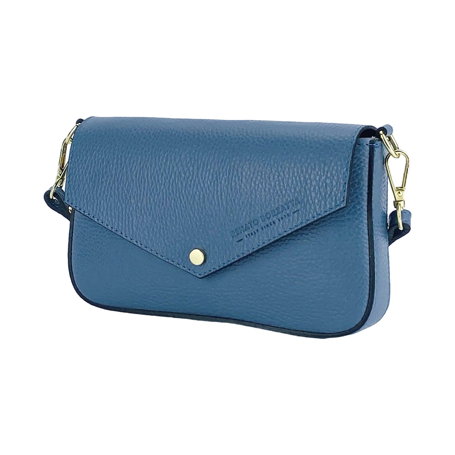 Renato Borzatta Avio Blue Leather Small Shoulder Bag 22x12x3cm – front/side view – blue leather bag showing magnetic flap closure.