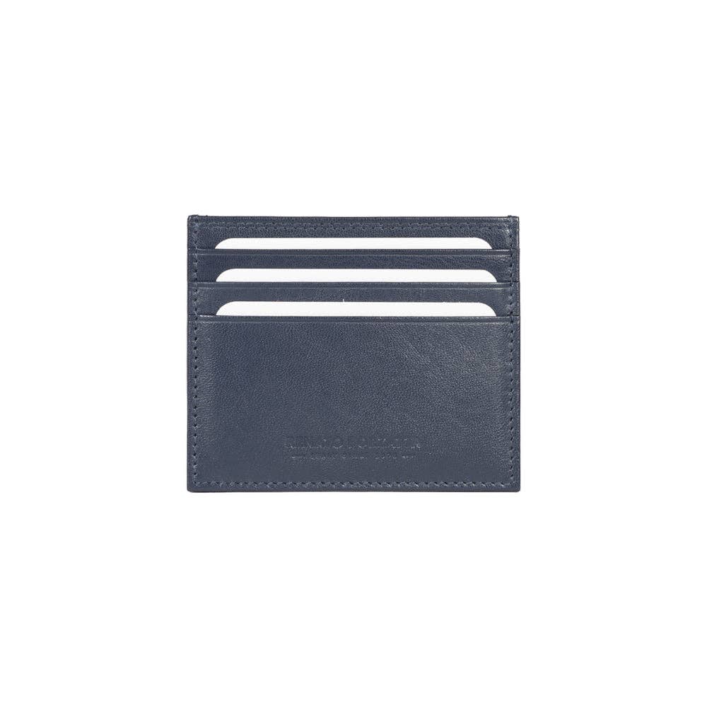 Front view of blue full-grain leather card holder showing texture